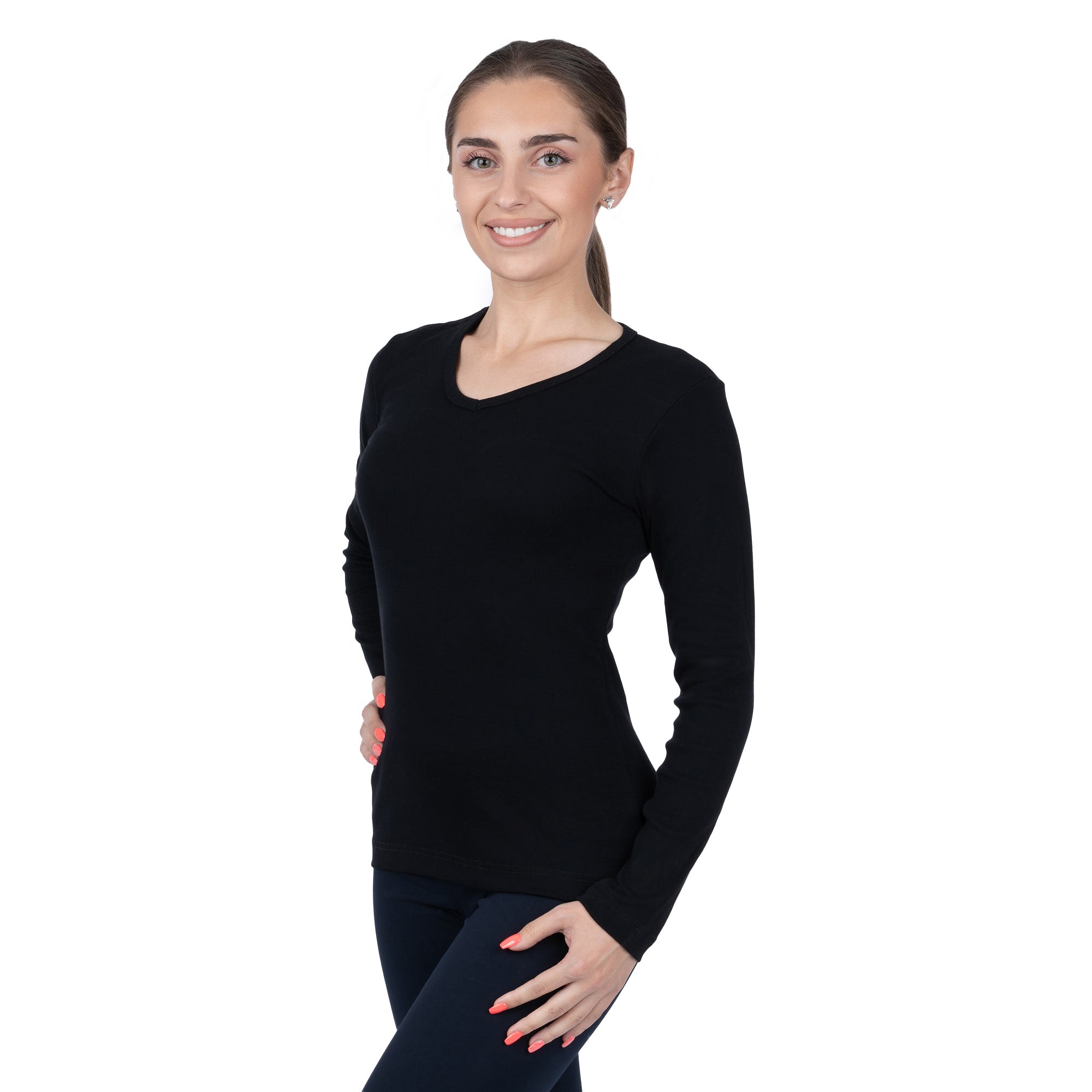 CottoNIR™ Ribbed V-Neck Long Sleeve T-Shirt for Women - Nirlon