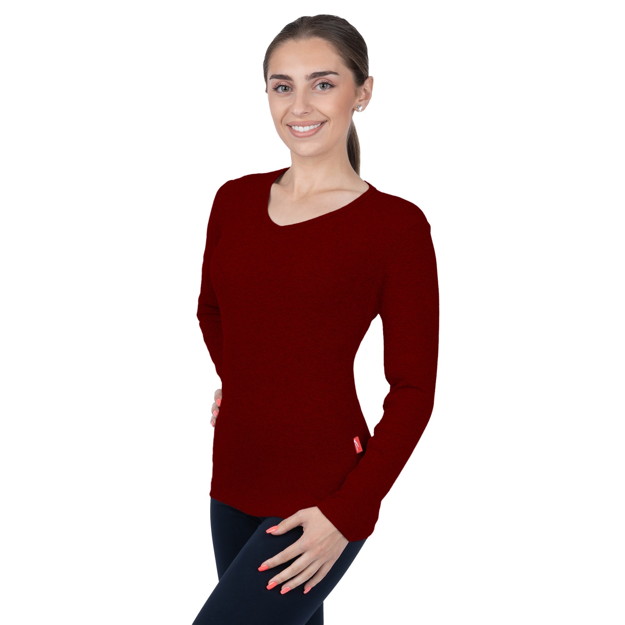 CottoNIR™ Ribbed V-Neck Long Sleeve T-Shirt for Women - Nirlon