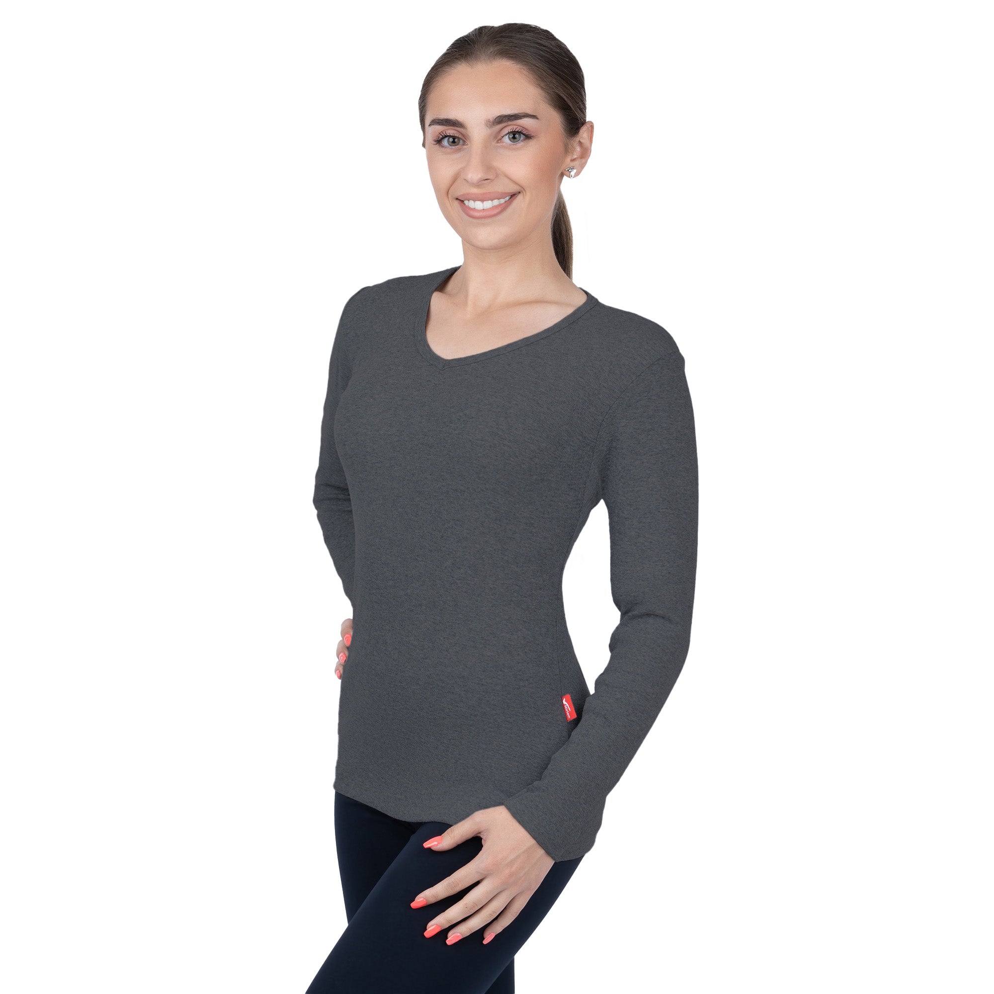 CottoNIR™ Ribbed V-Neck Long Sleeve T-Shirt for Women - Nirlon