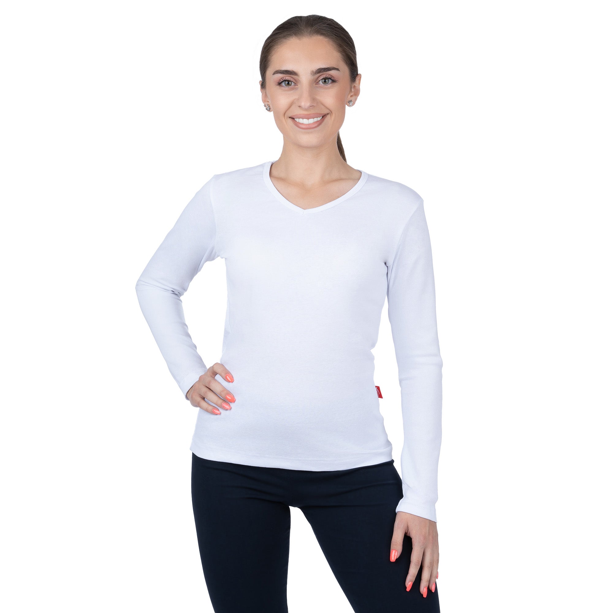 CottoNIR™ Ribbed V-Neck Long Sleeve T-Shirt for Women - Nirlon