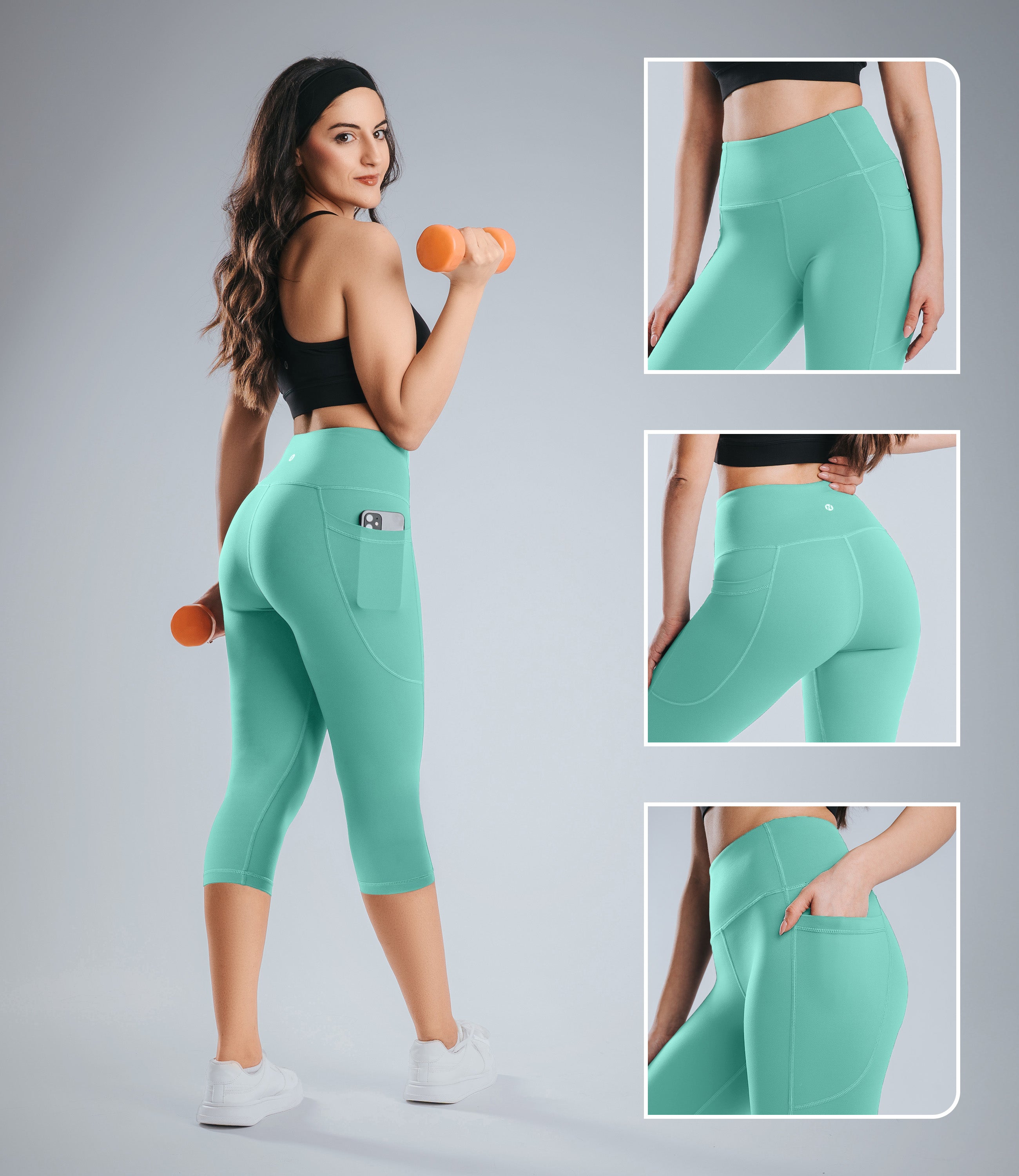 Model wearing NirLUX cropped leggings with pockets in pool blue, showcasing high-rise fit