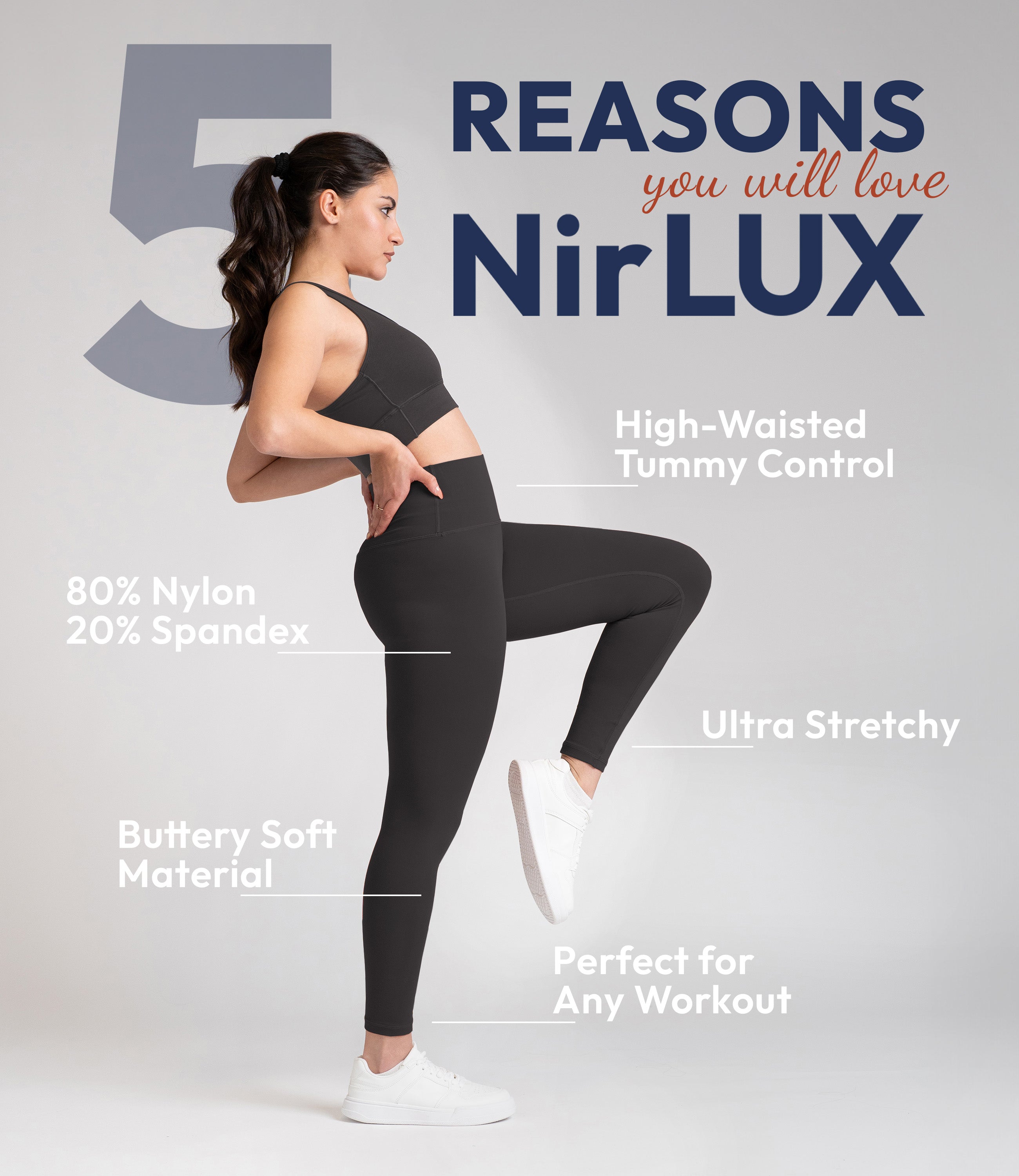 Woman working out in NirLUX gym leggings in grey rabbit, showing flexible and breathable fit