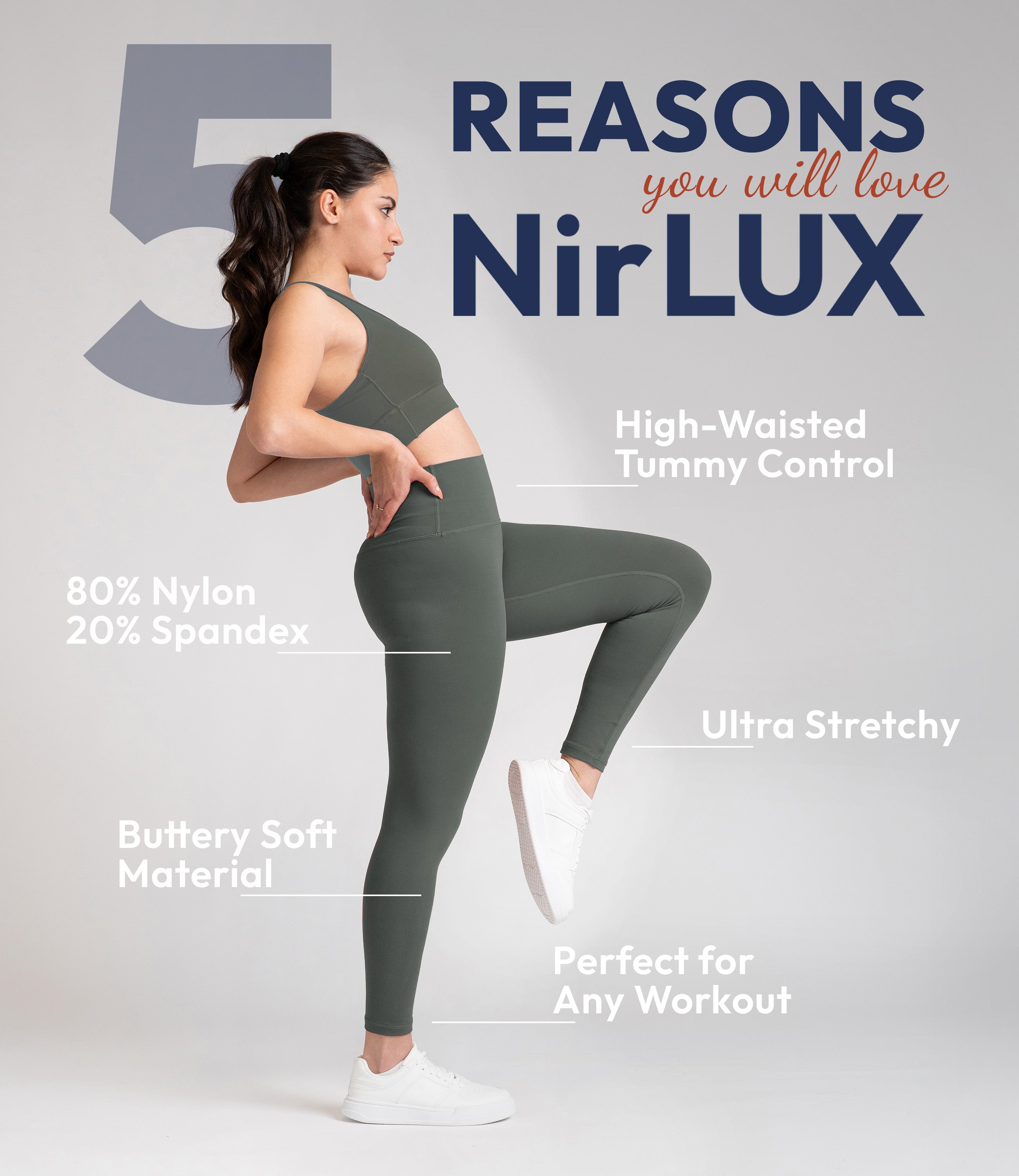 Woman working out in NirLUX gym leggings in grey sage, showing flexible and breathable fit