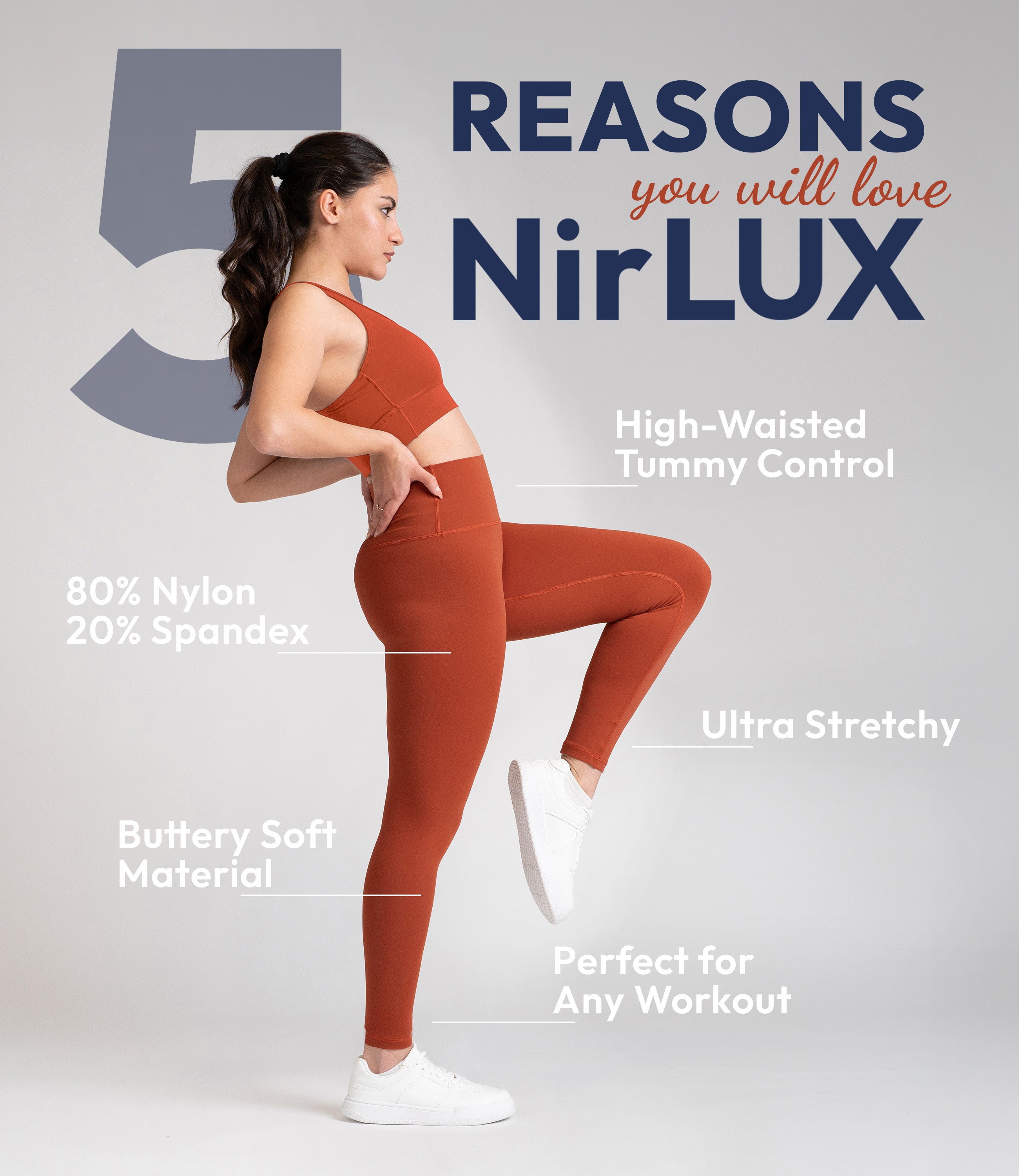 Woman working out in NirLUX gym leggings in intense rust, showing flexible and breathable fit