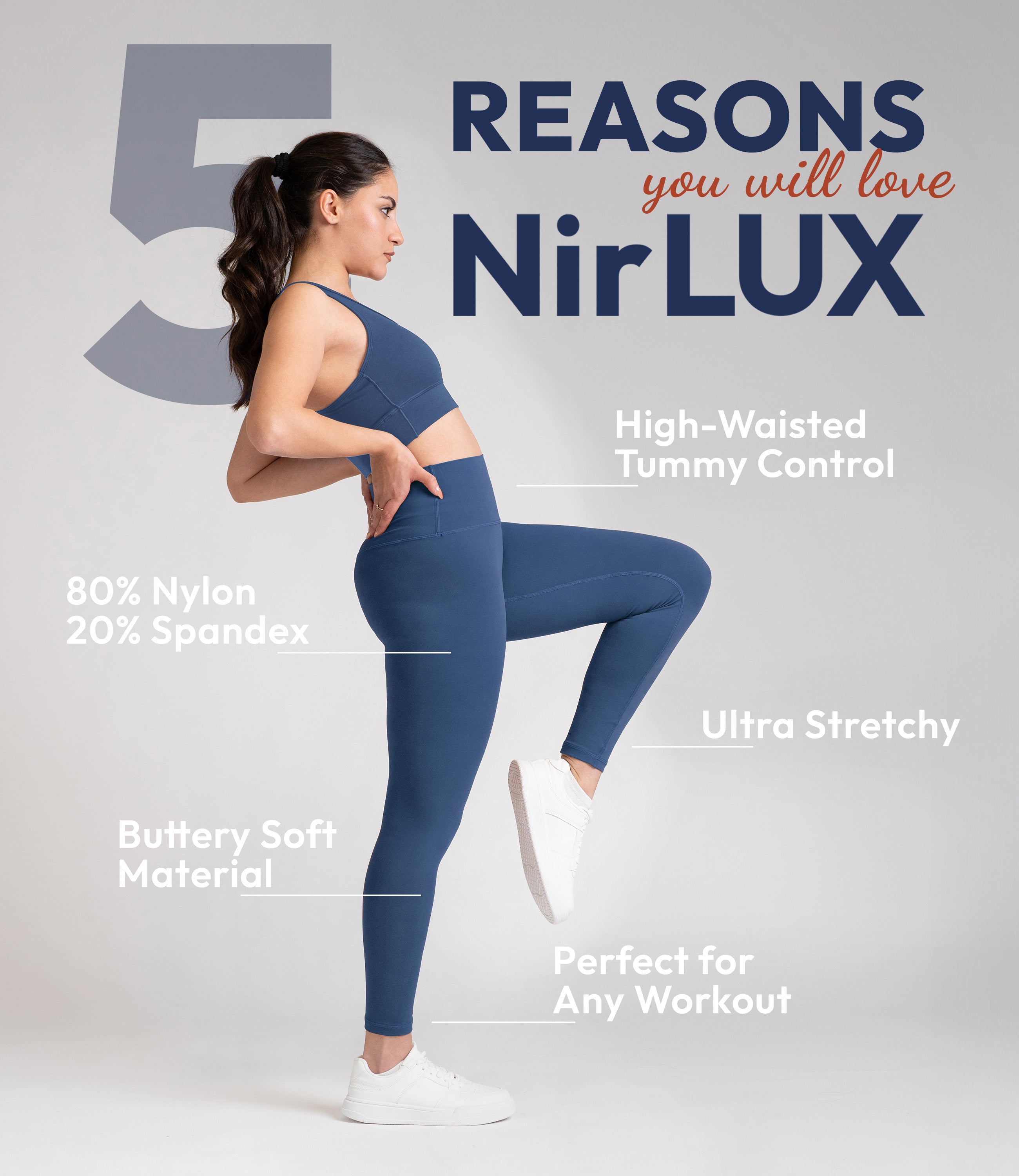 Woman working out in NirLUX gym leggings in limoges navy, showing flexible and breathable fit