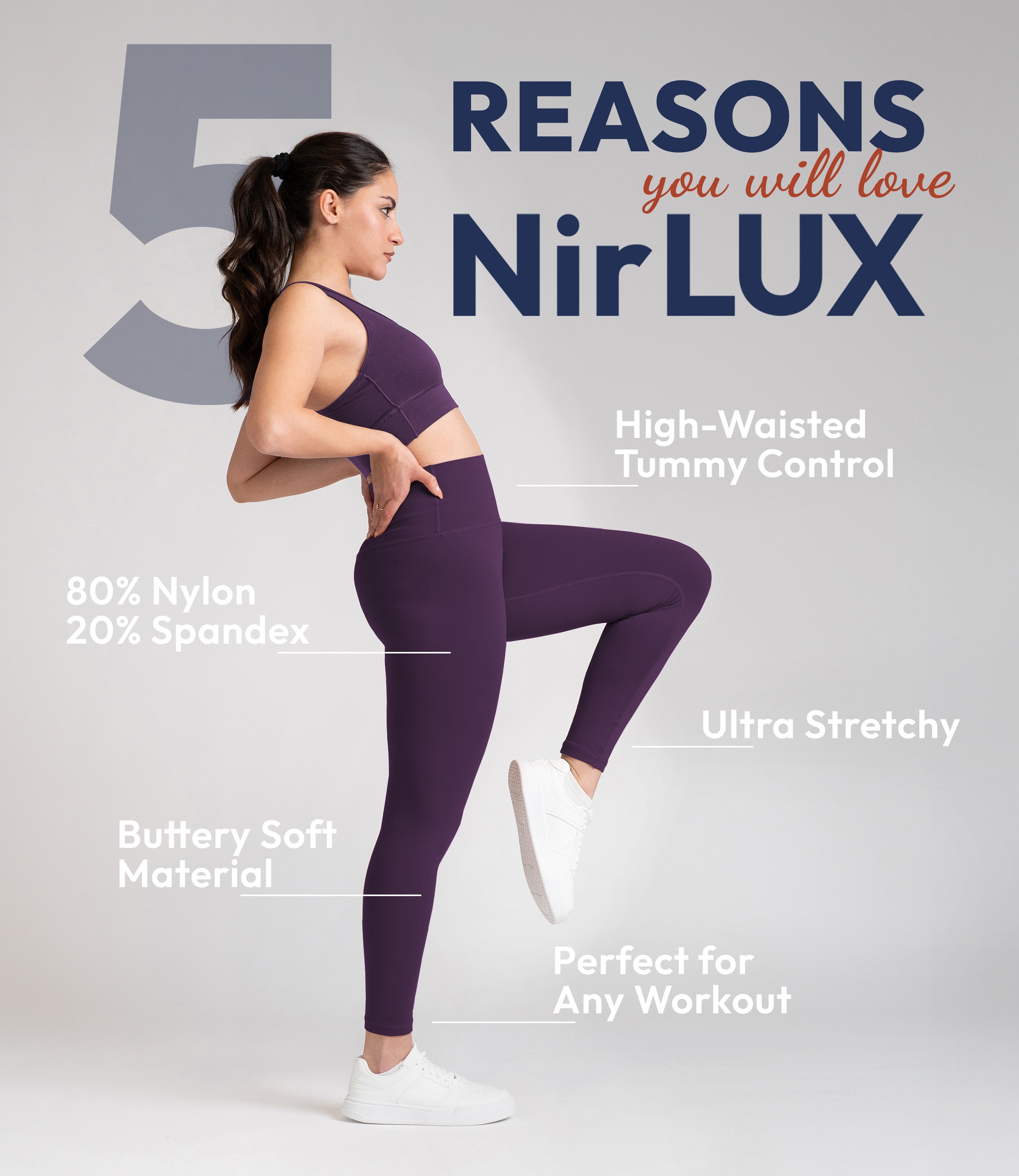 Woman working out in NirLUX gym leggings in plum purple, showing flexible and breathable fit