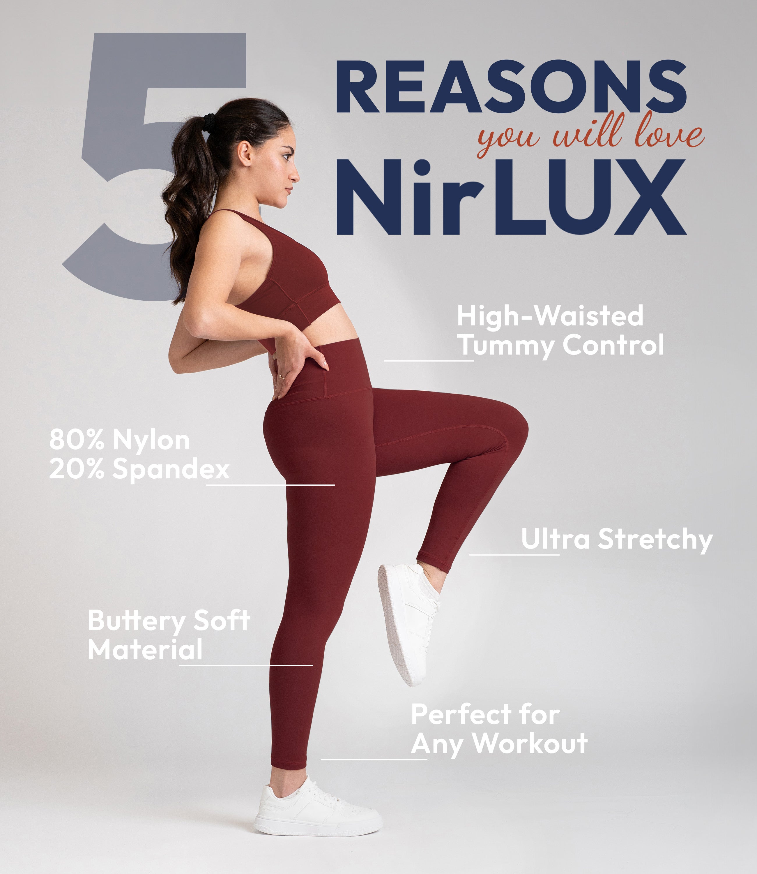 Woman working out in NirLUX gym leggings in rio red, showing flexible and breathable fit
