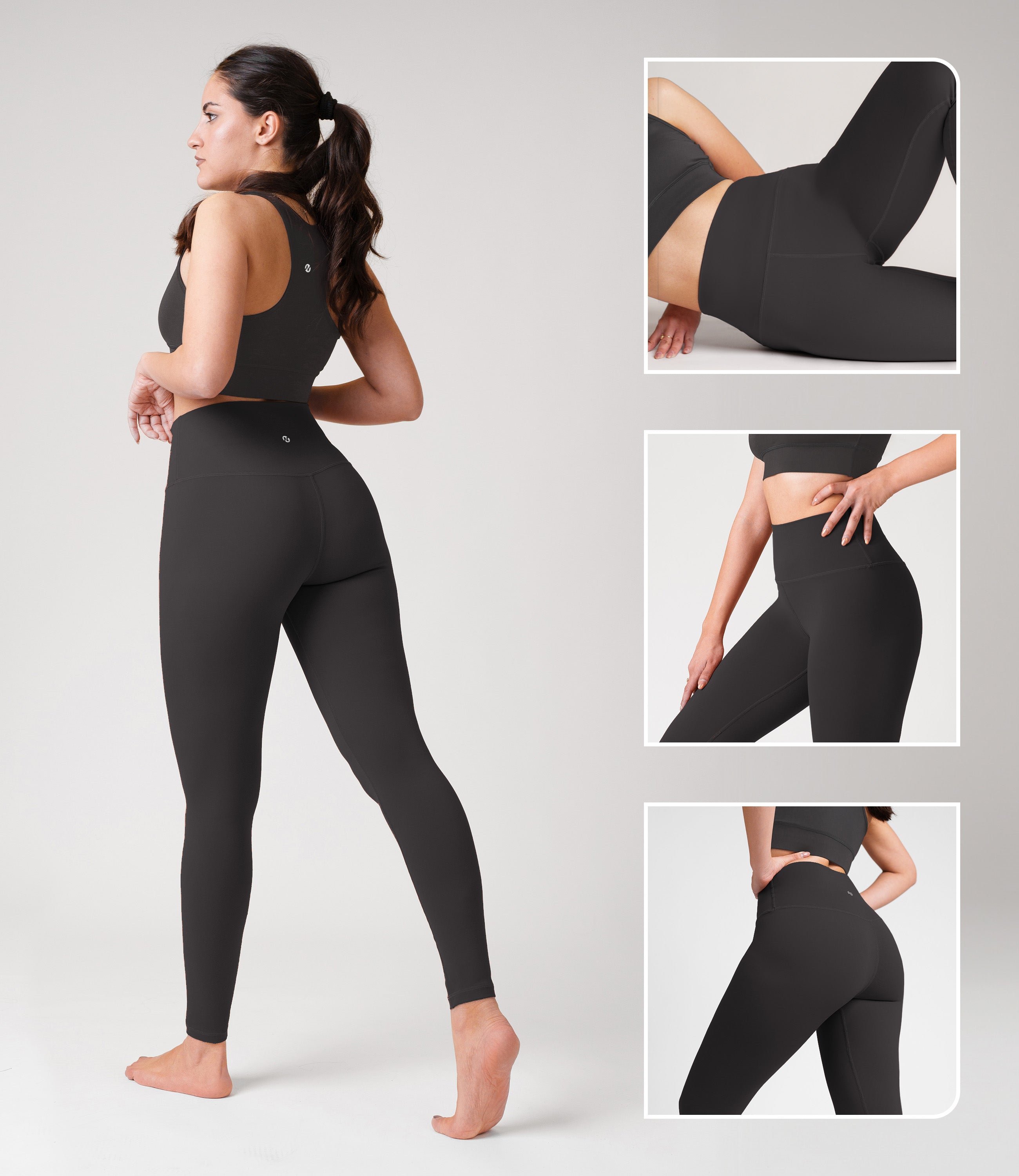 Model wearing NirLUX tummy control leggings in grey rabbit, showcasing high-rise fit
