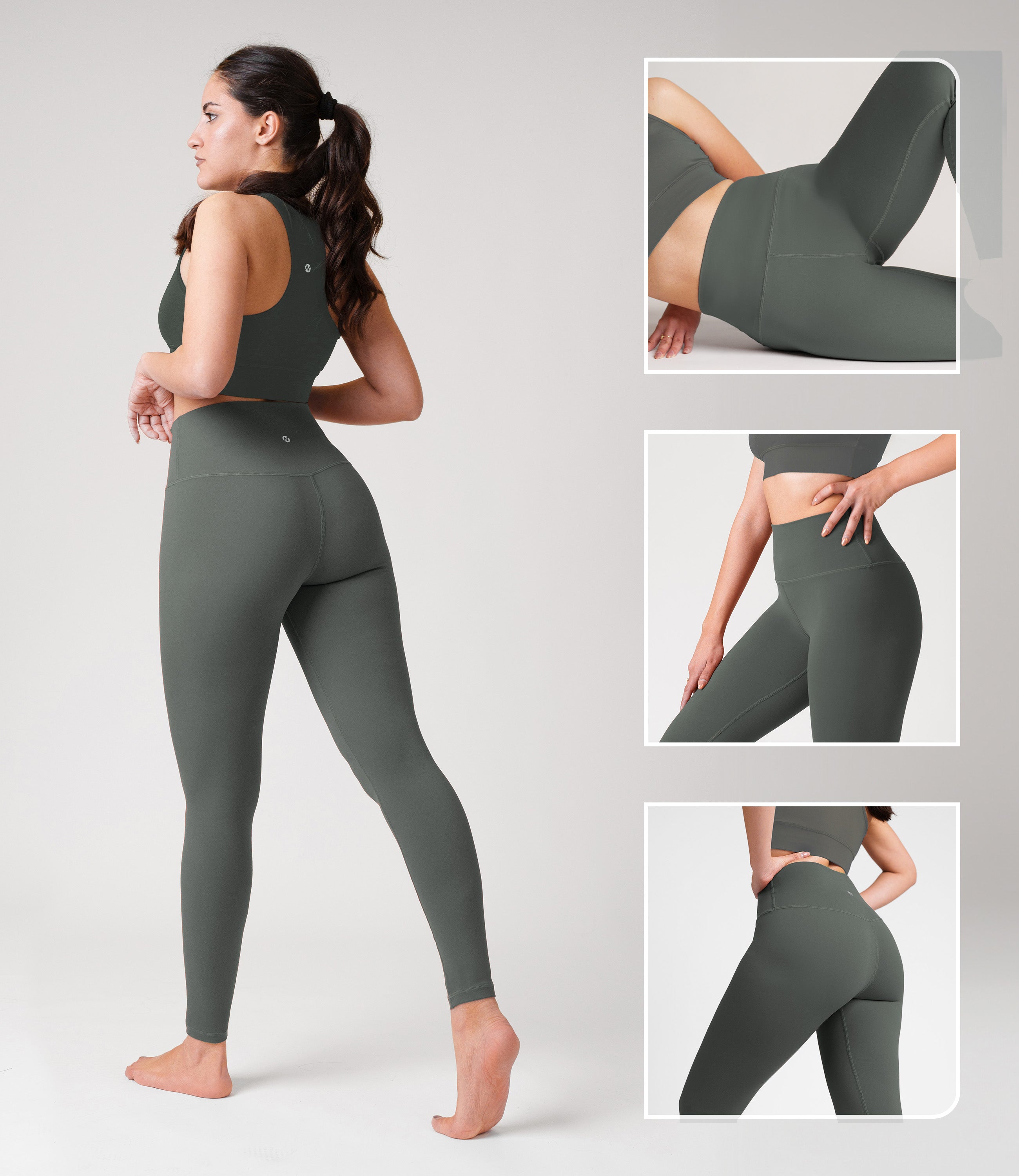 Model wearing NirLUX tummy control leggings in grey sage, showcasing high-rise fit