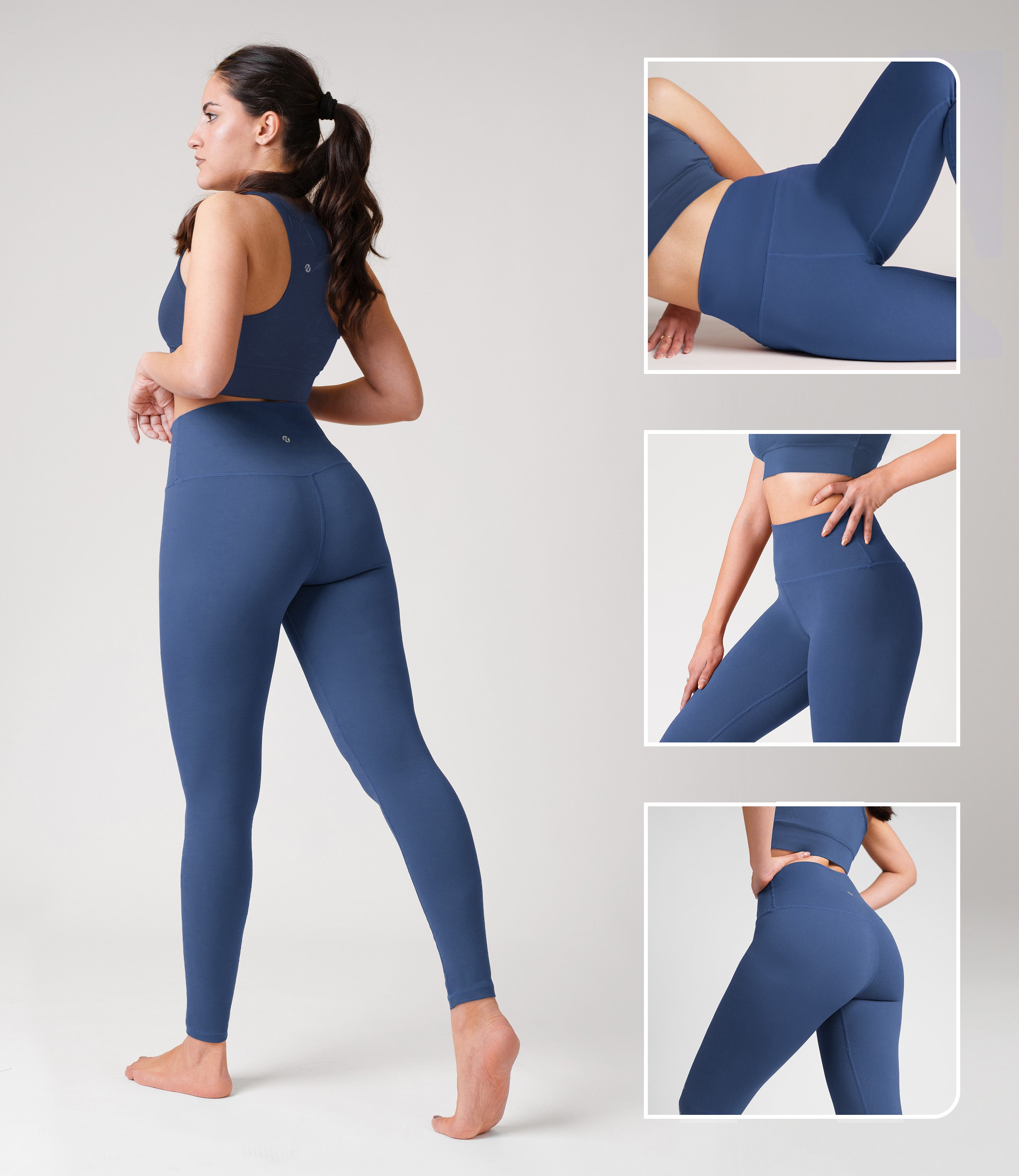 Model wearing NirLUX tummy control leggings in limoges navy, showcasing high-rise fit