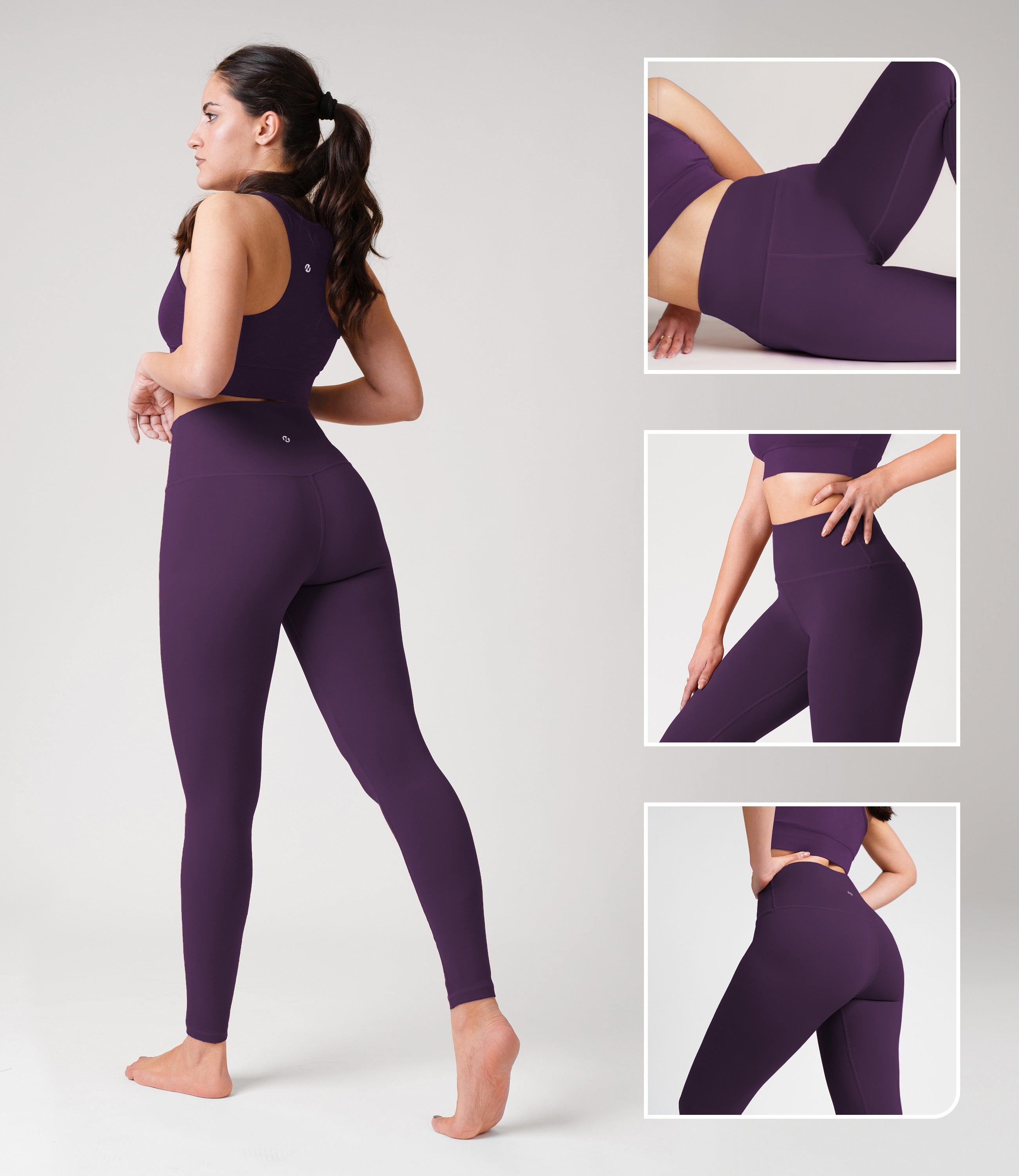 Model wearing NirLUX tummy control leggings in plum purple, showcasing high-rise fit