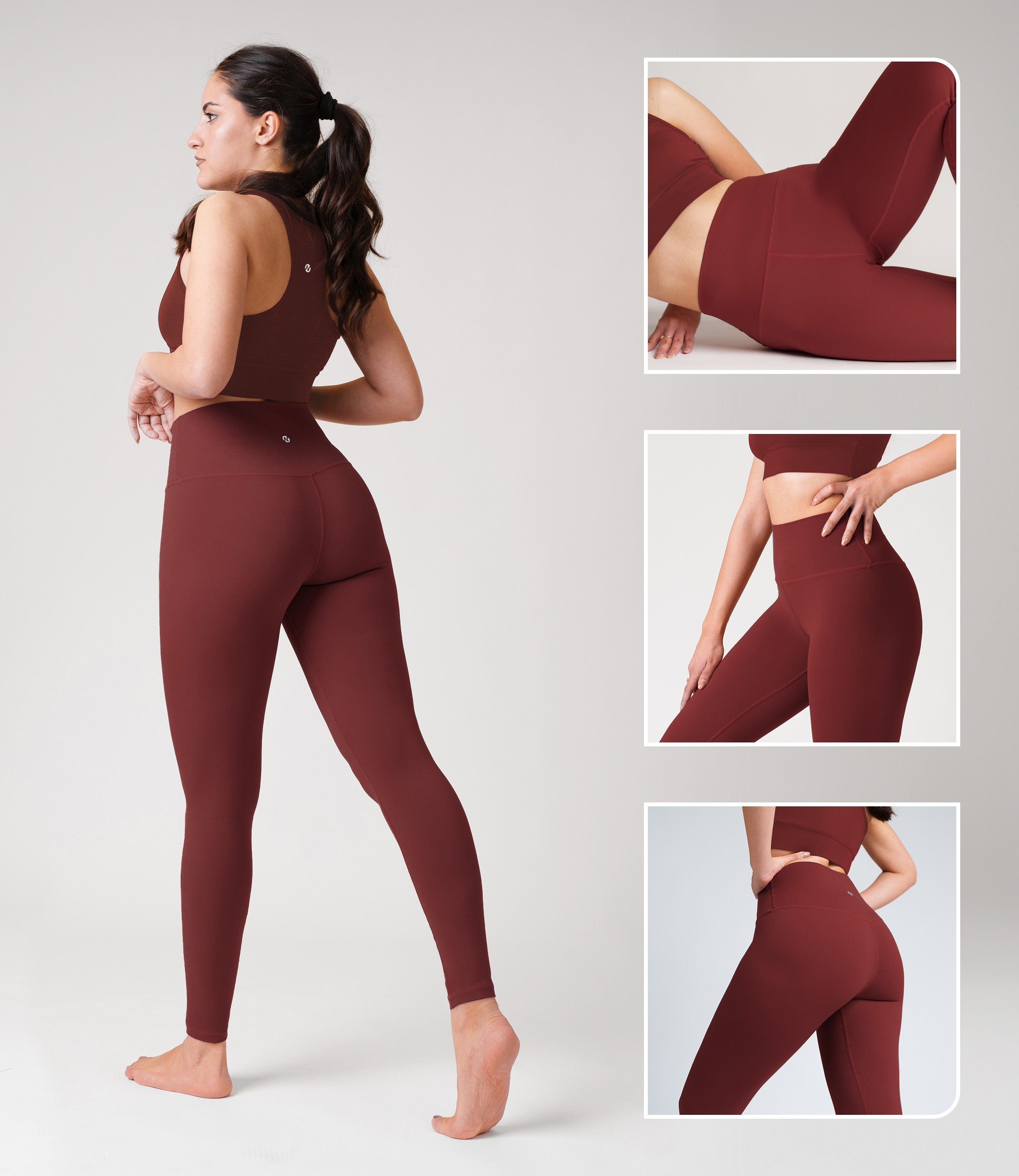 Model wearing NirLUX tummy control leggings in rio red, showcasing high-rise fit