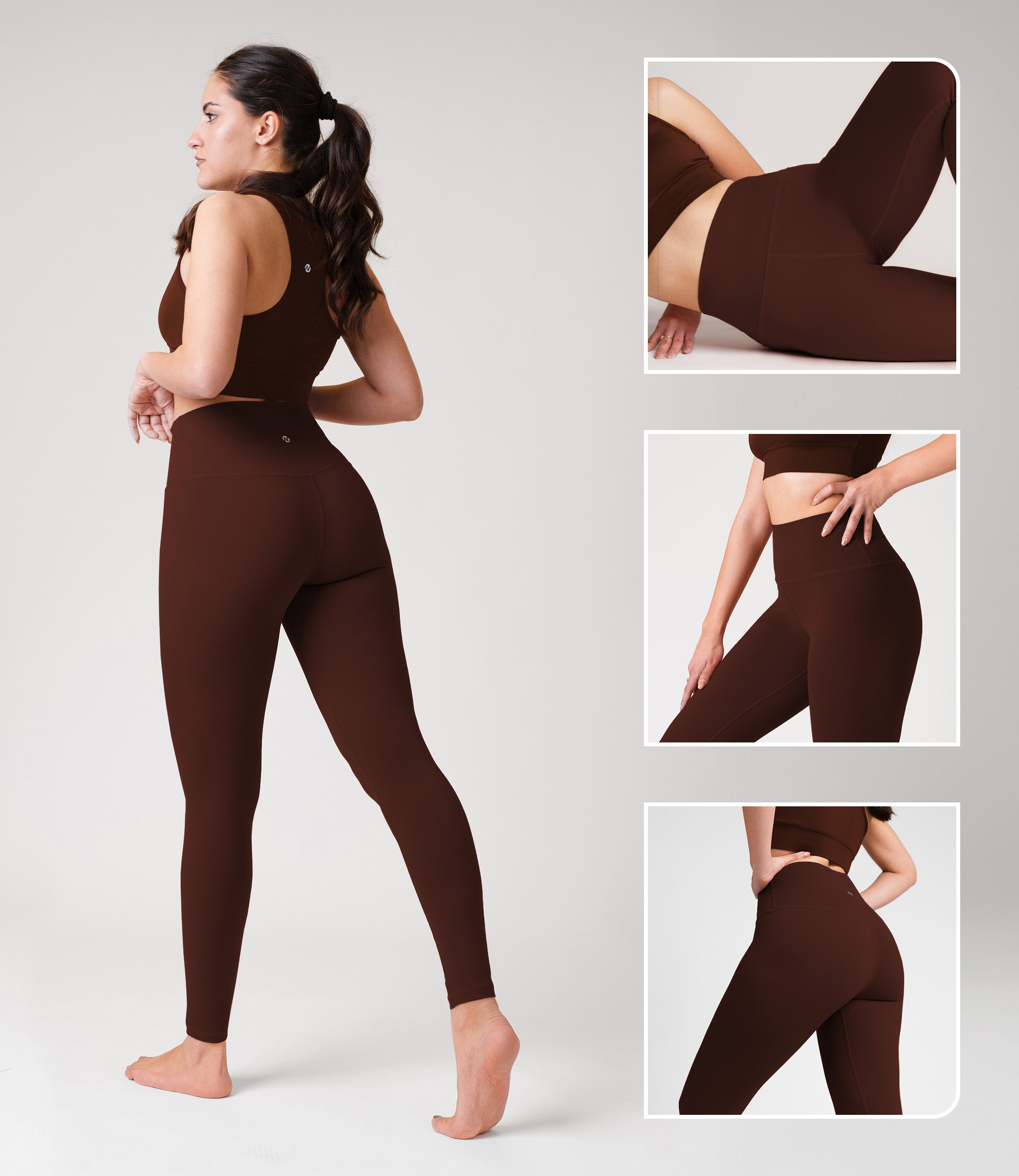 Model wearing NirLUX tummy control leggings in rum raisin, showcasing high-rise fit