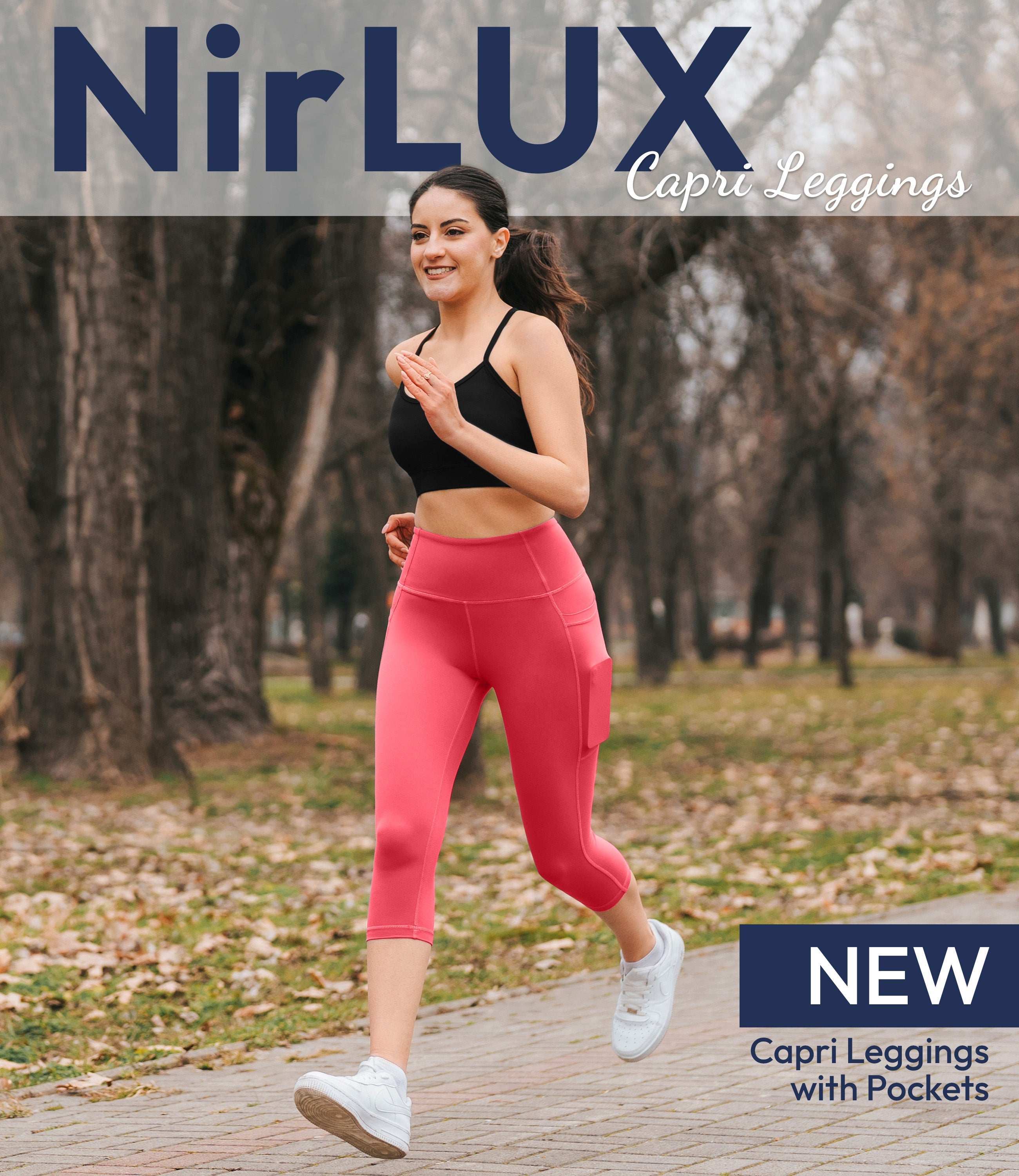 Woman wearing NirLUX women's exercise capris in dubarry while jogging, showing flexible and breathable fit