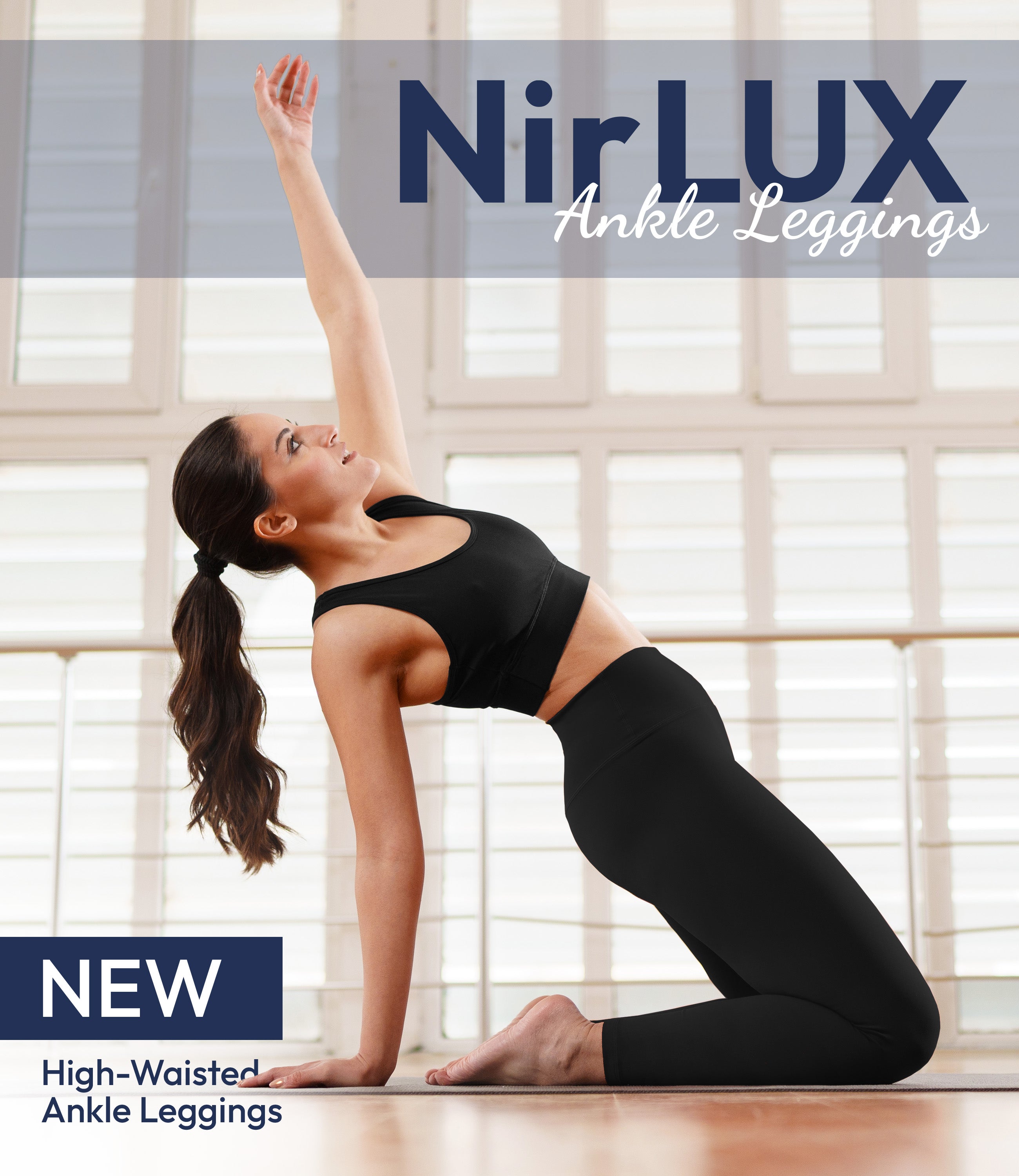 Woman wearing NirLUX yoga leggings in black, full-body view