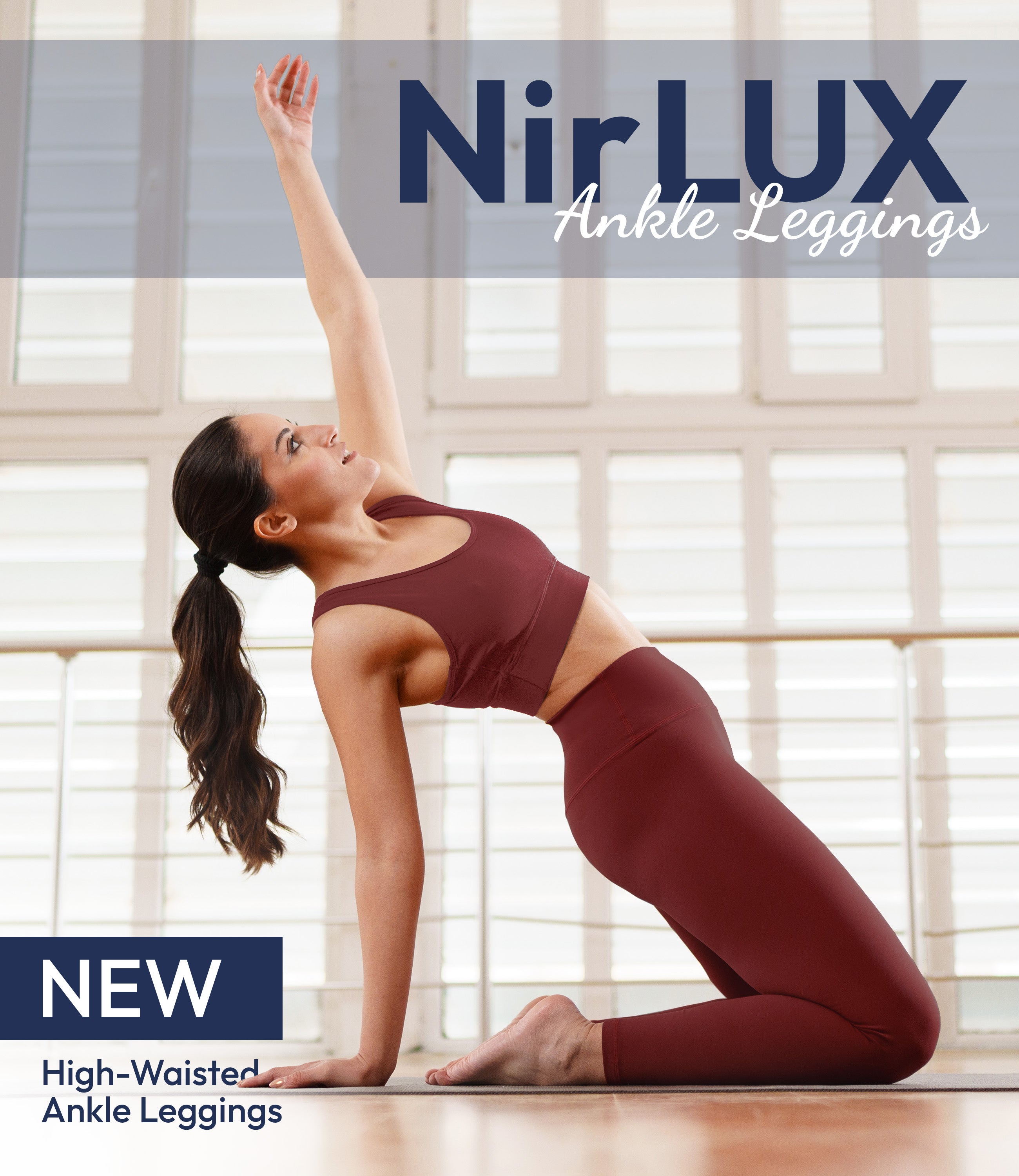Woman wearing NirLUX yoga leggings in rio-red, full-body view