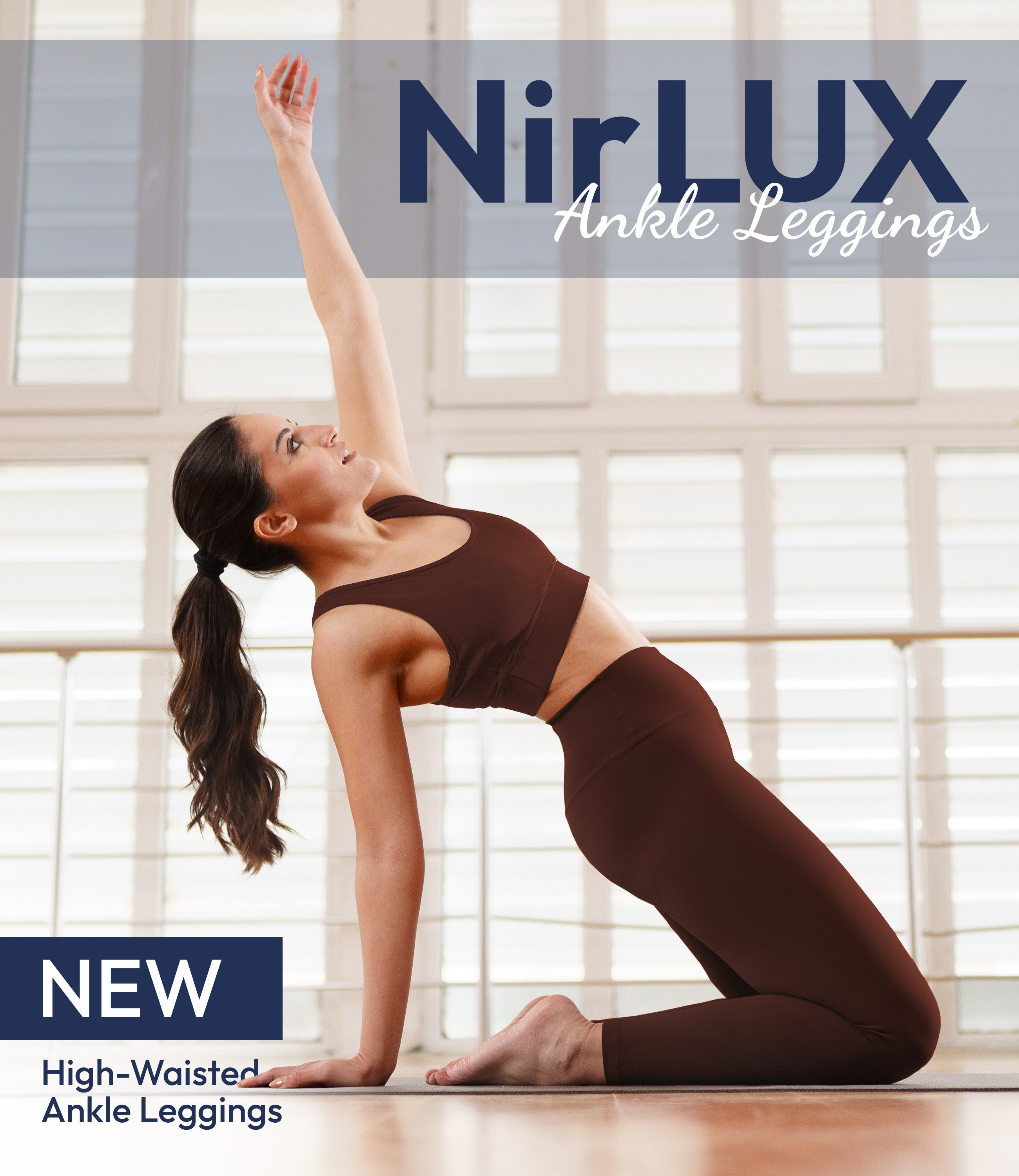 Woman wearing NirLUX yoga leggings in rum raisin, full-body view