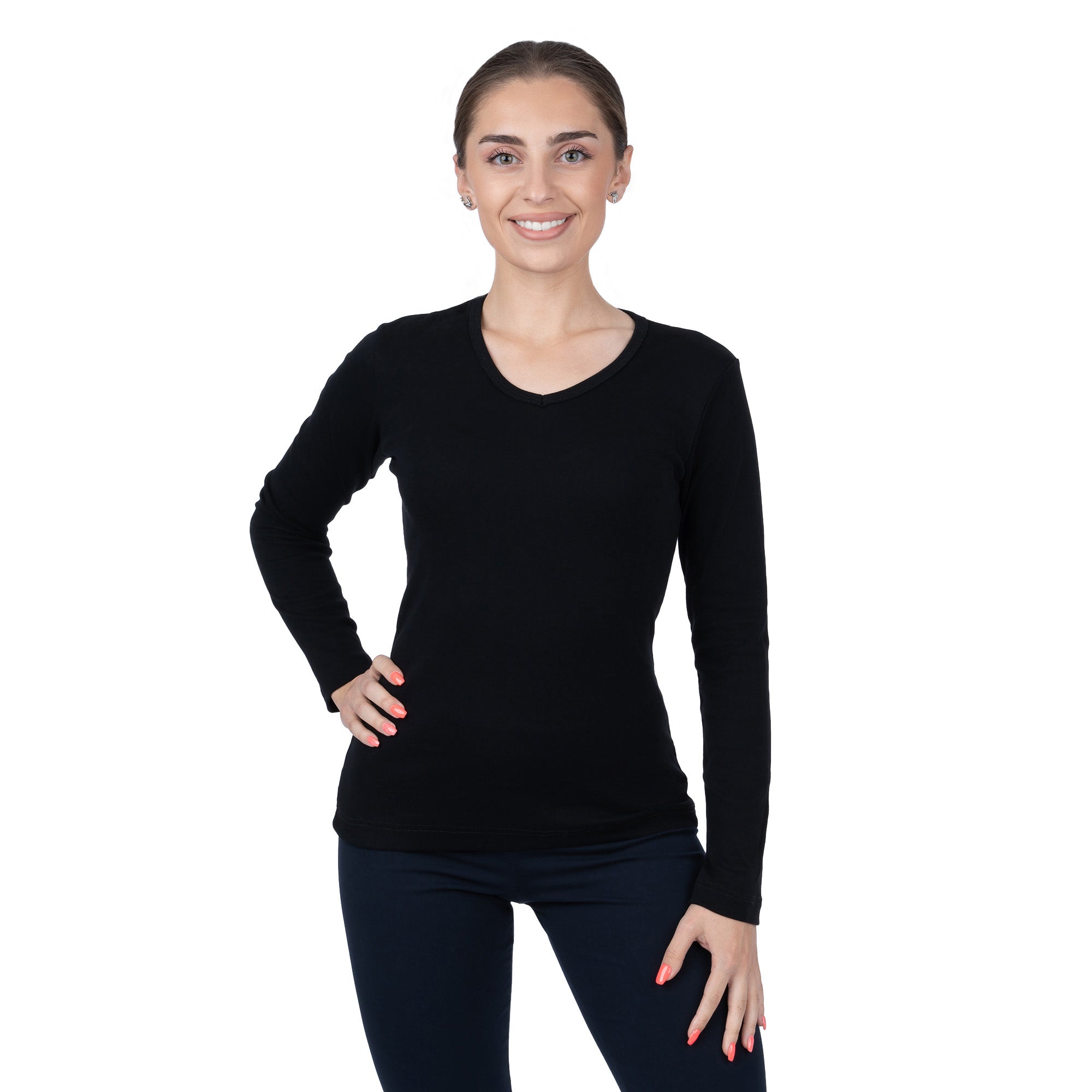 CottoNIR™ Ribbed V-Neck Long Sleeve T-Shirt for Women - Nirlon