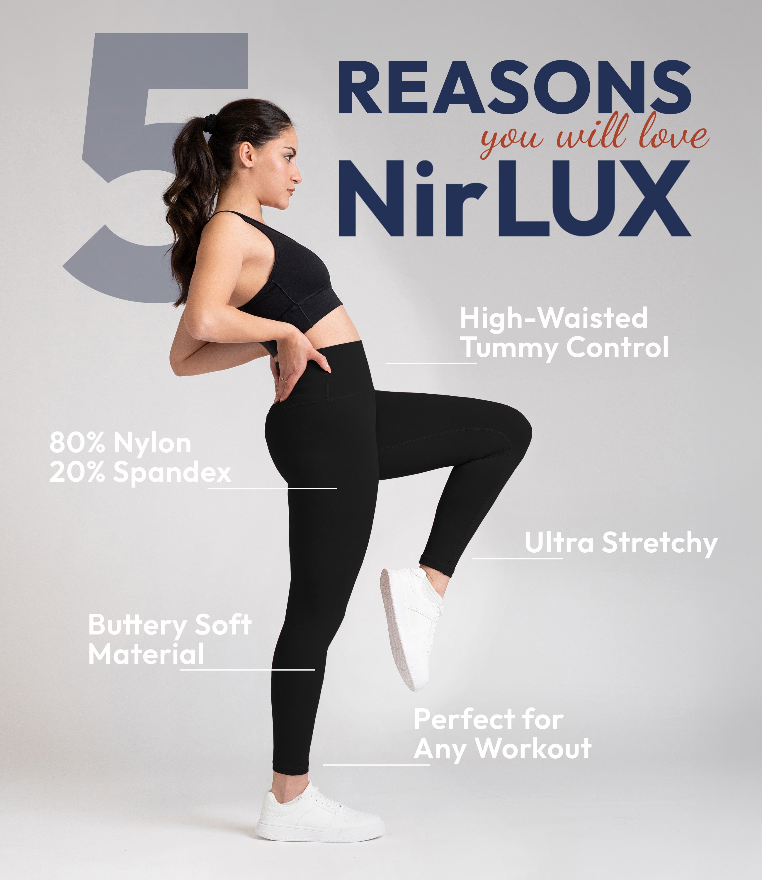 Woman working out in NirLUX gym leggings in black, showing flexible and breathable fit