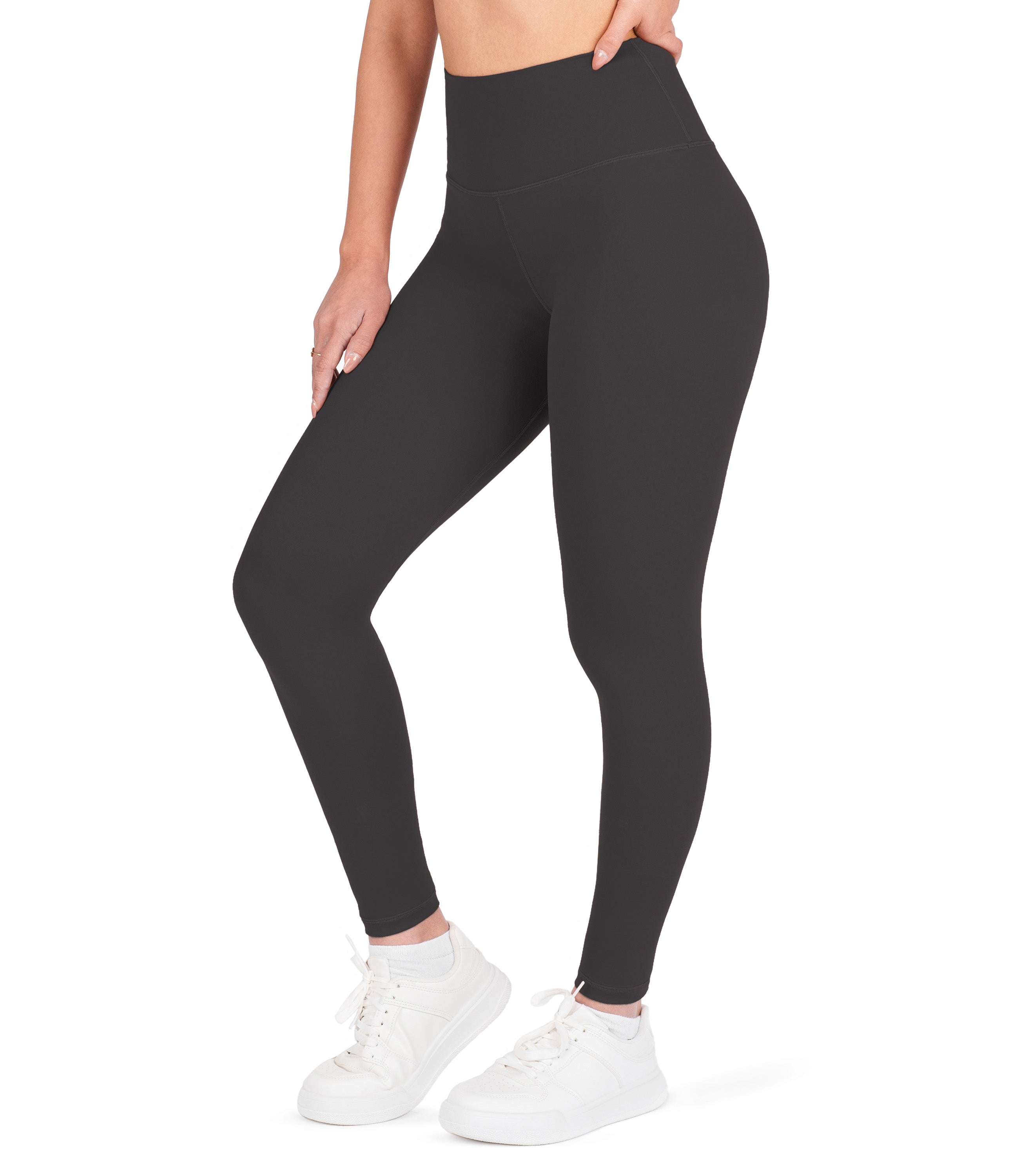 Front view of woman wearing NirLUX high waist ankle leggings in grey rabbit