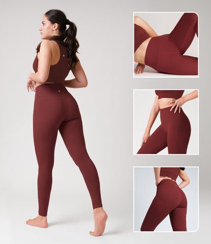 Model wearing NirLUX tummy control leggings in rio red, showcasing high-rise fit