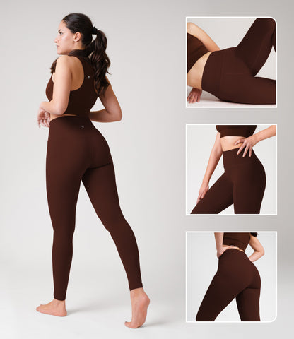 Model wearing NirLUX tummy control leggings in rum raisin, showcasing high-rise fit