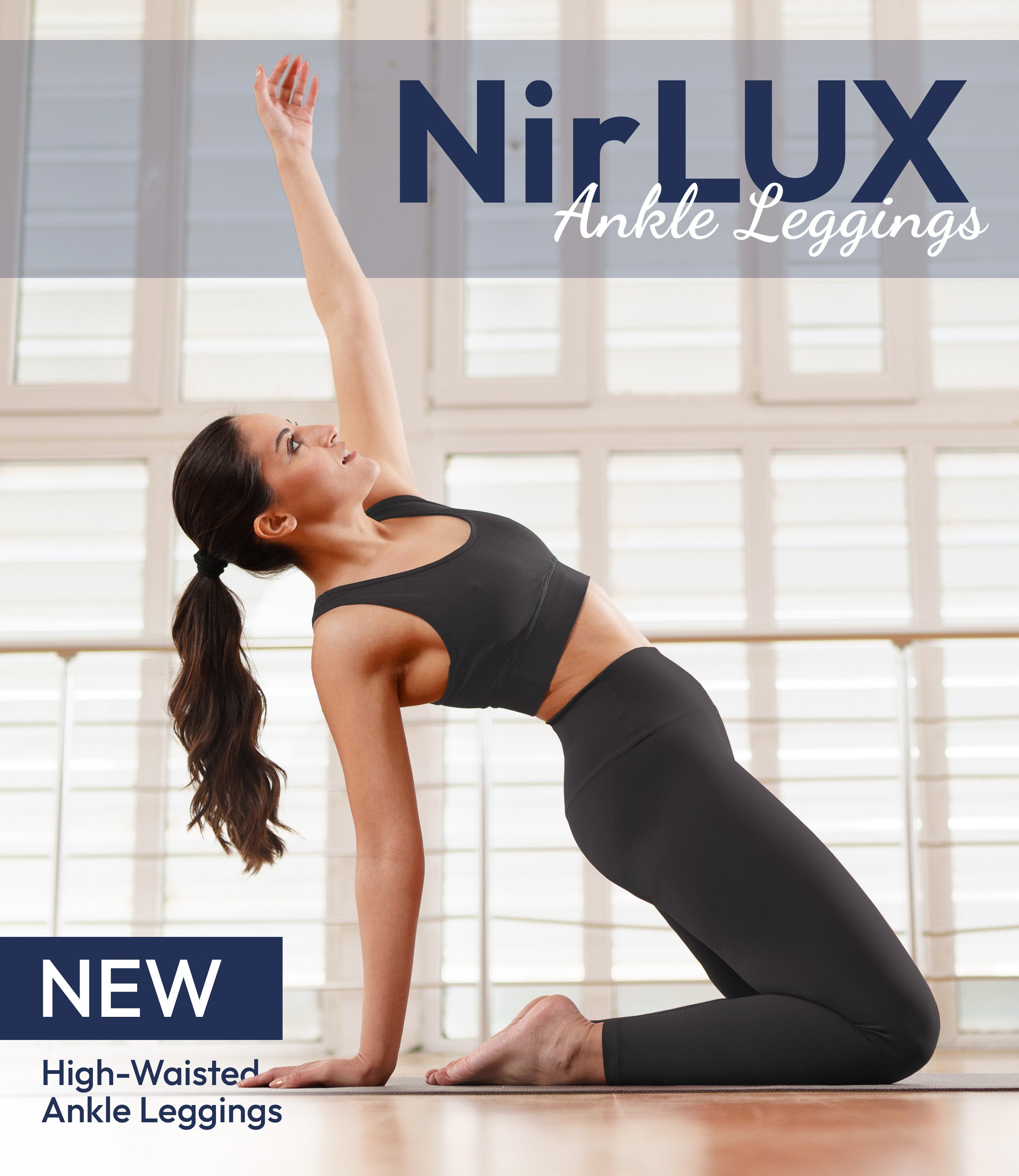 Woman wearing NirLUX yoga leggings in grey rabbit, full-body view