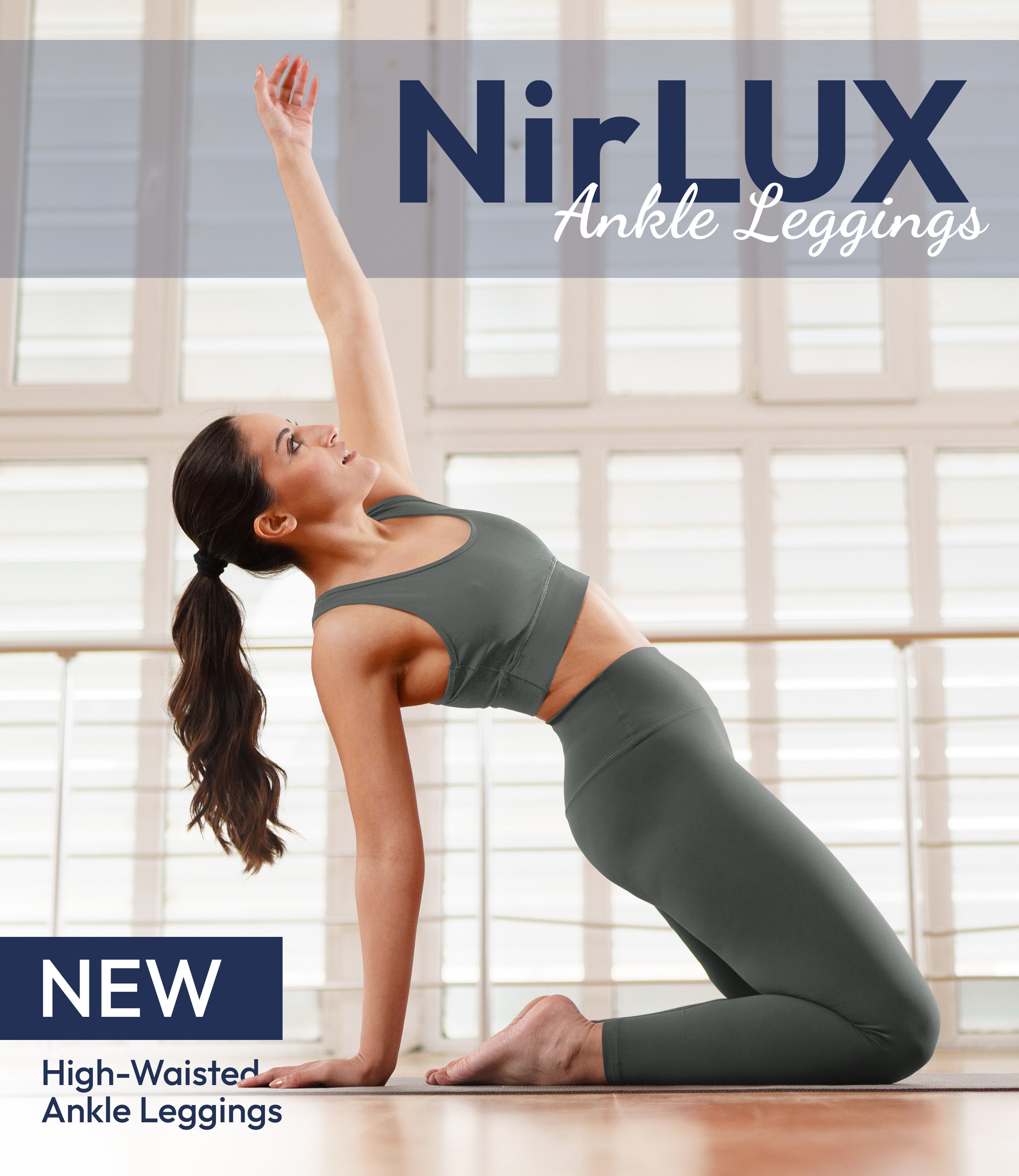 Woman wearing NirLUX yoga leggings in grey sage, full-body view