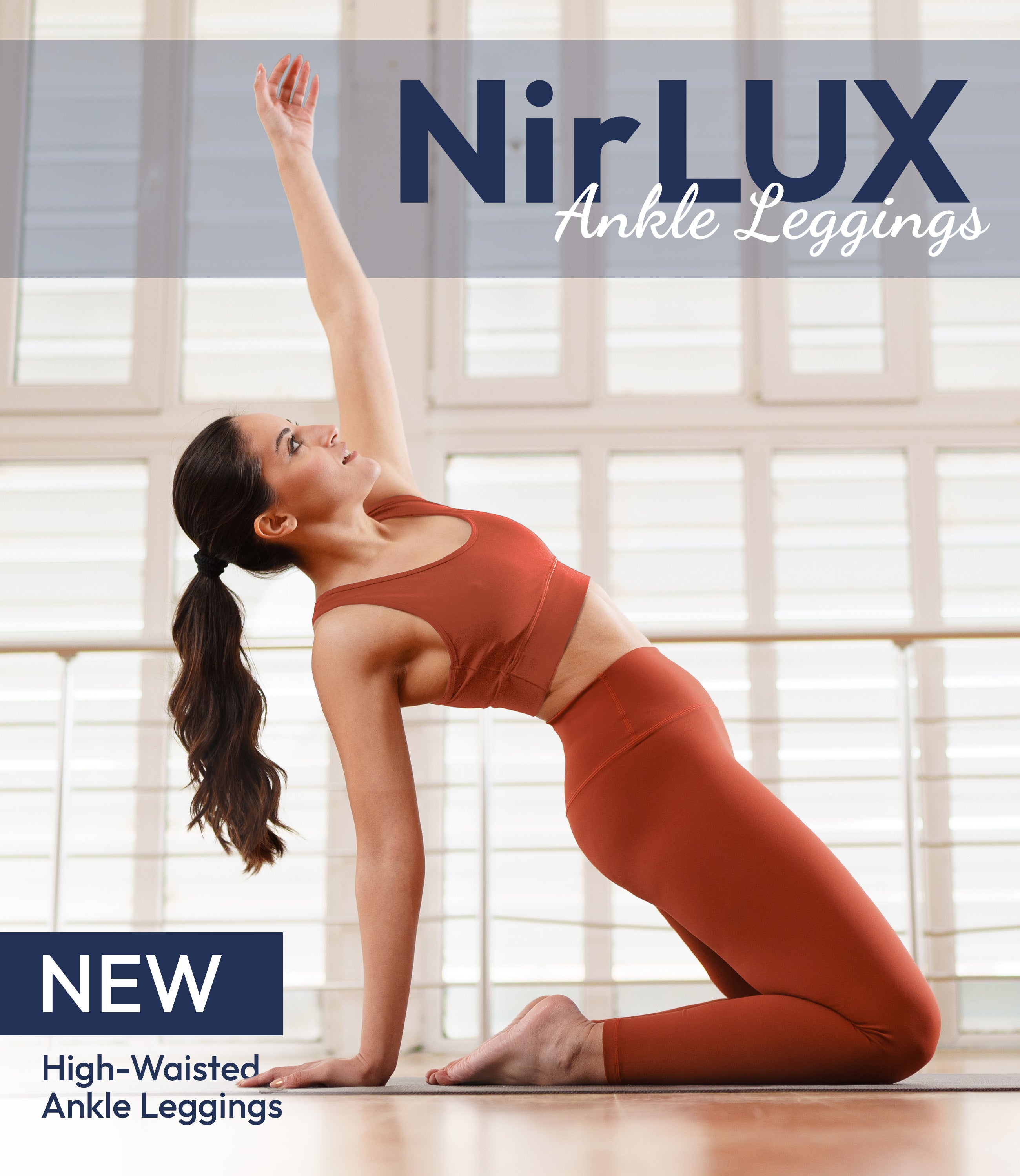 Woman wearing NirLUX yoga leggings in intense rust, full-body view